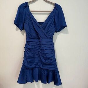 NWT Sz 4 Express Satin Ruched Mini Dress in Navy with Ruffle Hem